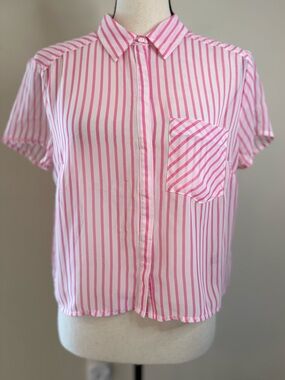 Timing crop top pink white stripe semi sheer short sleeve SZ M